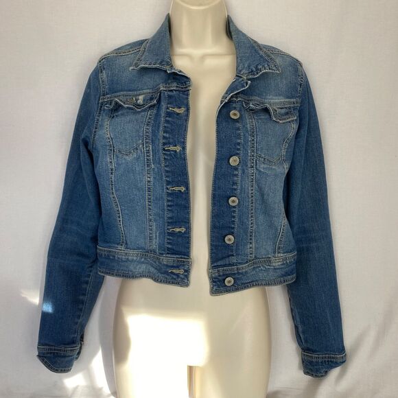 Mossimo Jean Jacket Womens Medium Trucker Cropped Blue Stretch Denim Retro - Picture 3 of 16